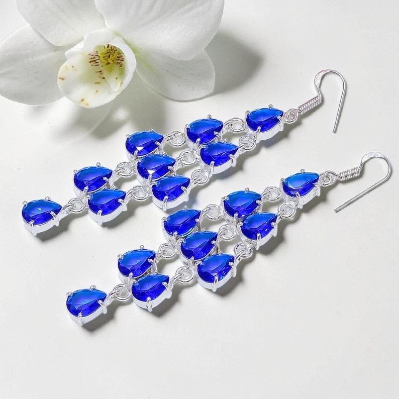Sterling Silver Tanzanite Chandelier Earrings Faceted Pear Drop Electric Blue
