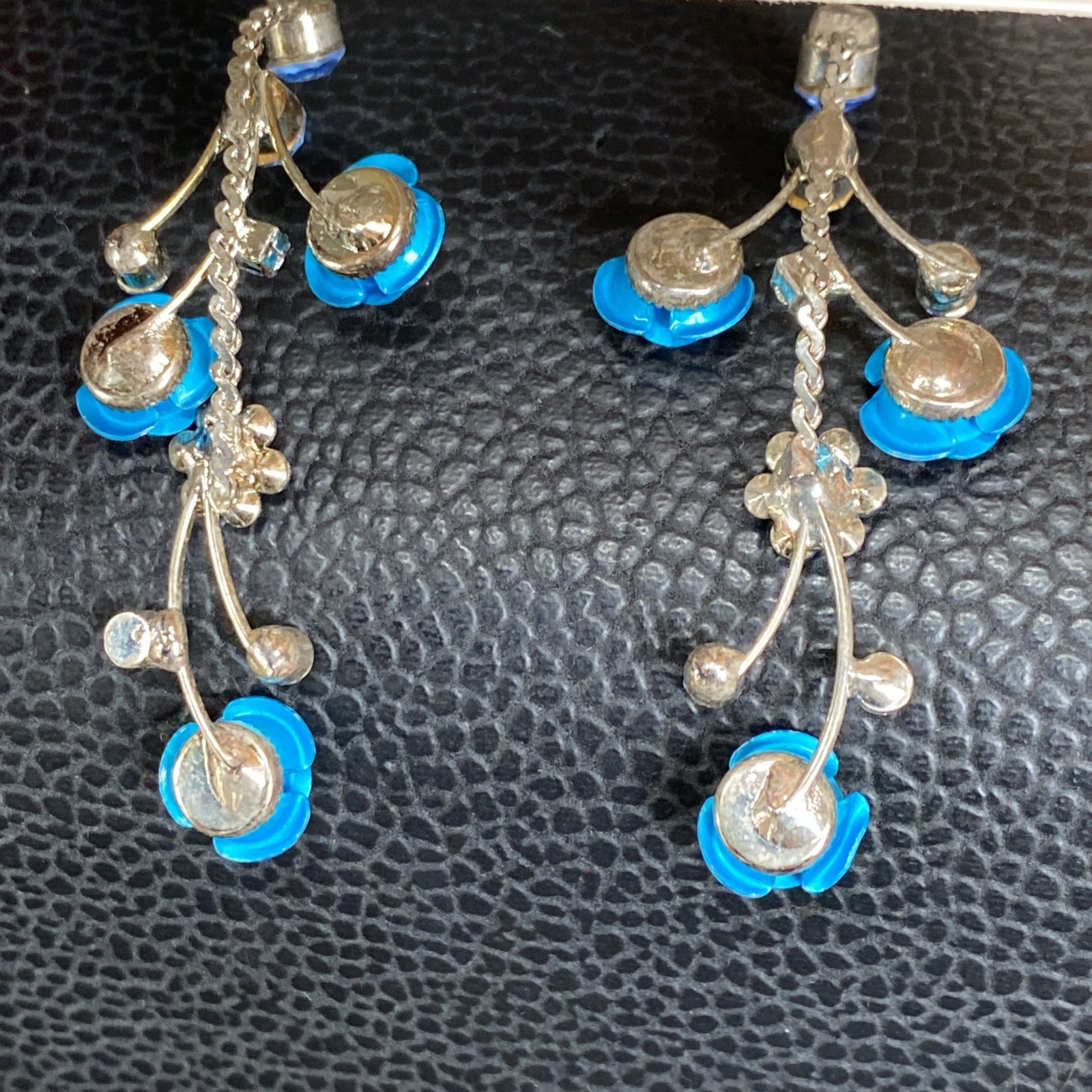 Faceted Blue Rhinestone Retro Aluminum Rose Dangle Silvertone Flower Earrings