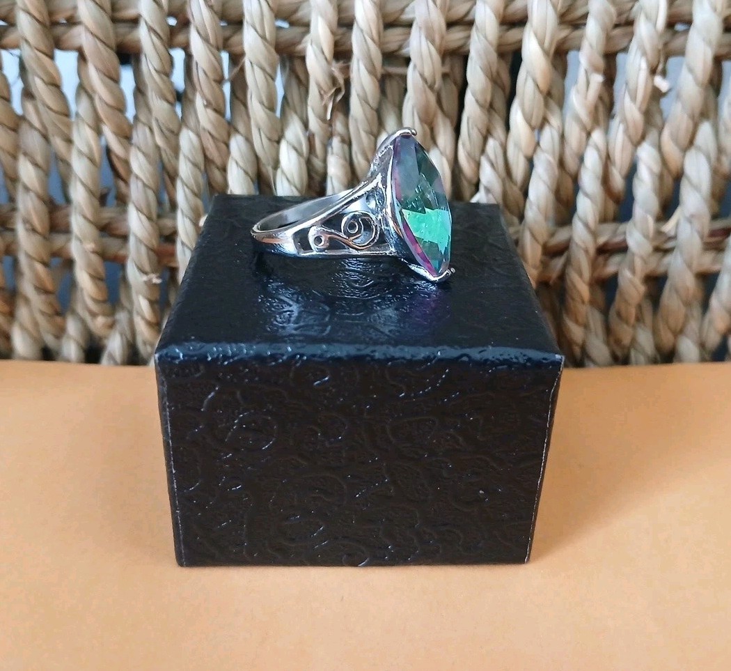 Stainless Steel Size 8 Mystic Fire Look Ring Marquise Shape Silver Scrollwork