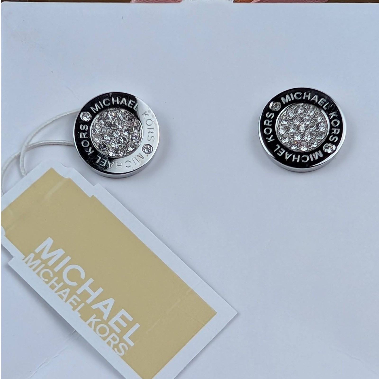 Michael Kors Silver Tone Pave Crystal Logo Stud Earrings MKJX4667791 NWT Box