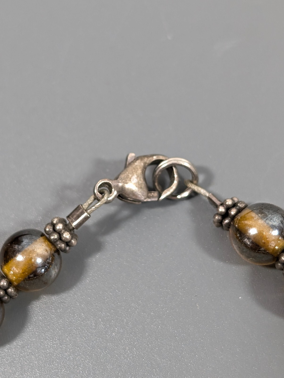 Boho Western Brown Iridescent Glass Round Bead Bracelet Sterling Clasp 6.5 in