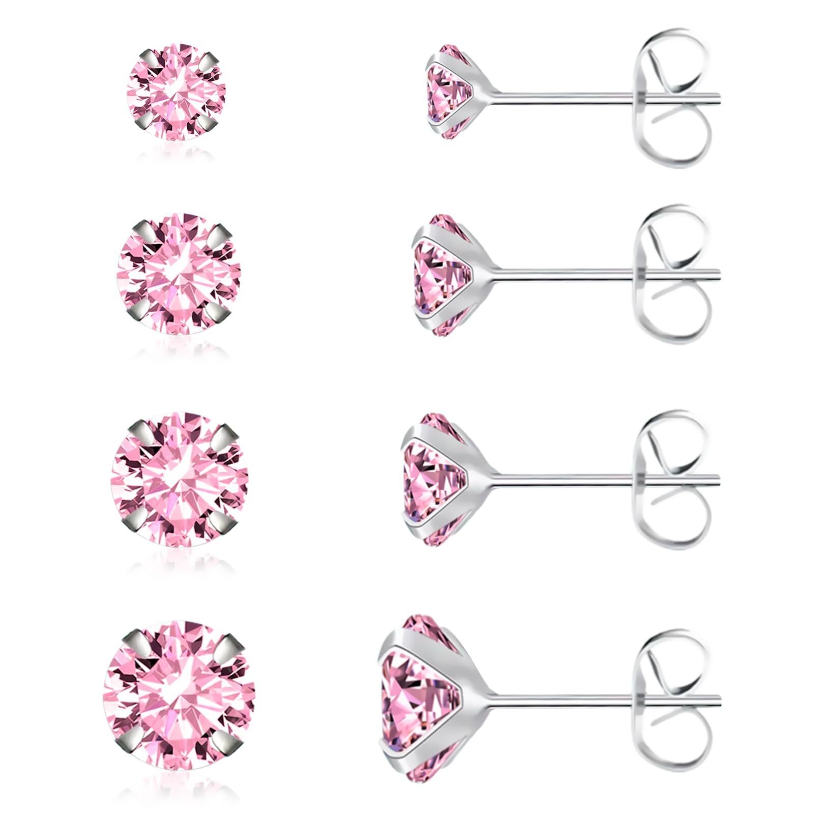 Solid 925 Sterling Silver Round Pink Cubic Zirconia CZ Stud Post Earrings 2-8mm