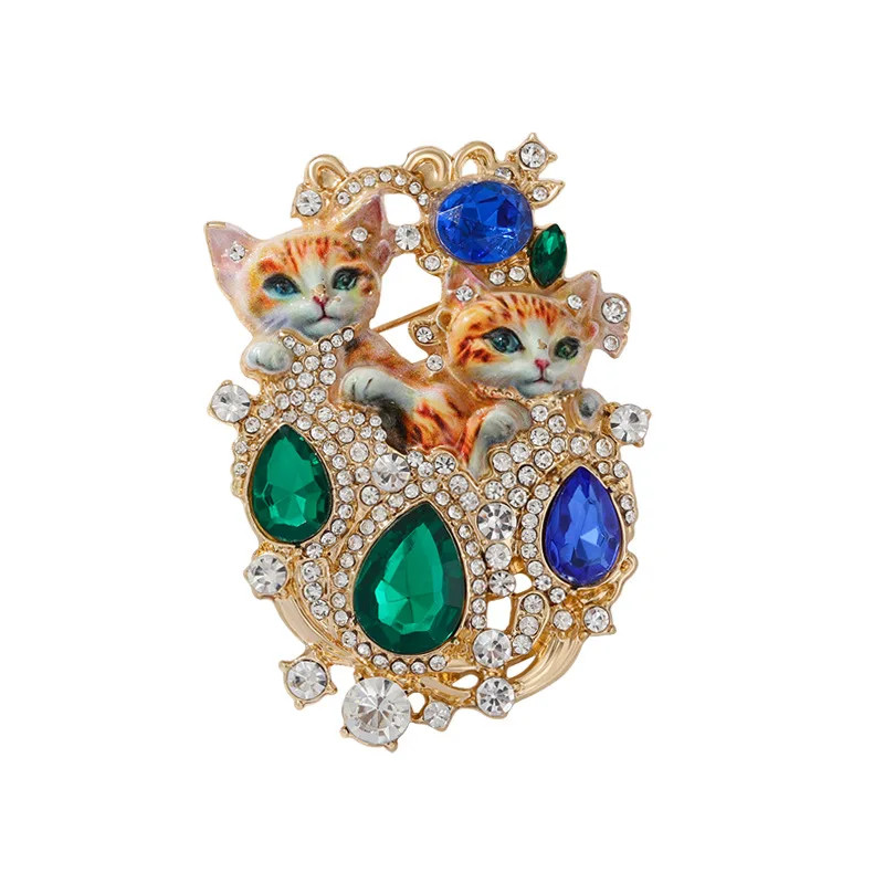Retro Rhinestone Studded Double Cat Brooch High-end Luxury Women Pins Accessory