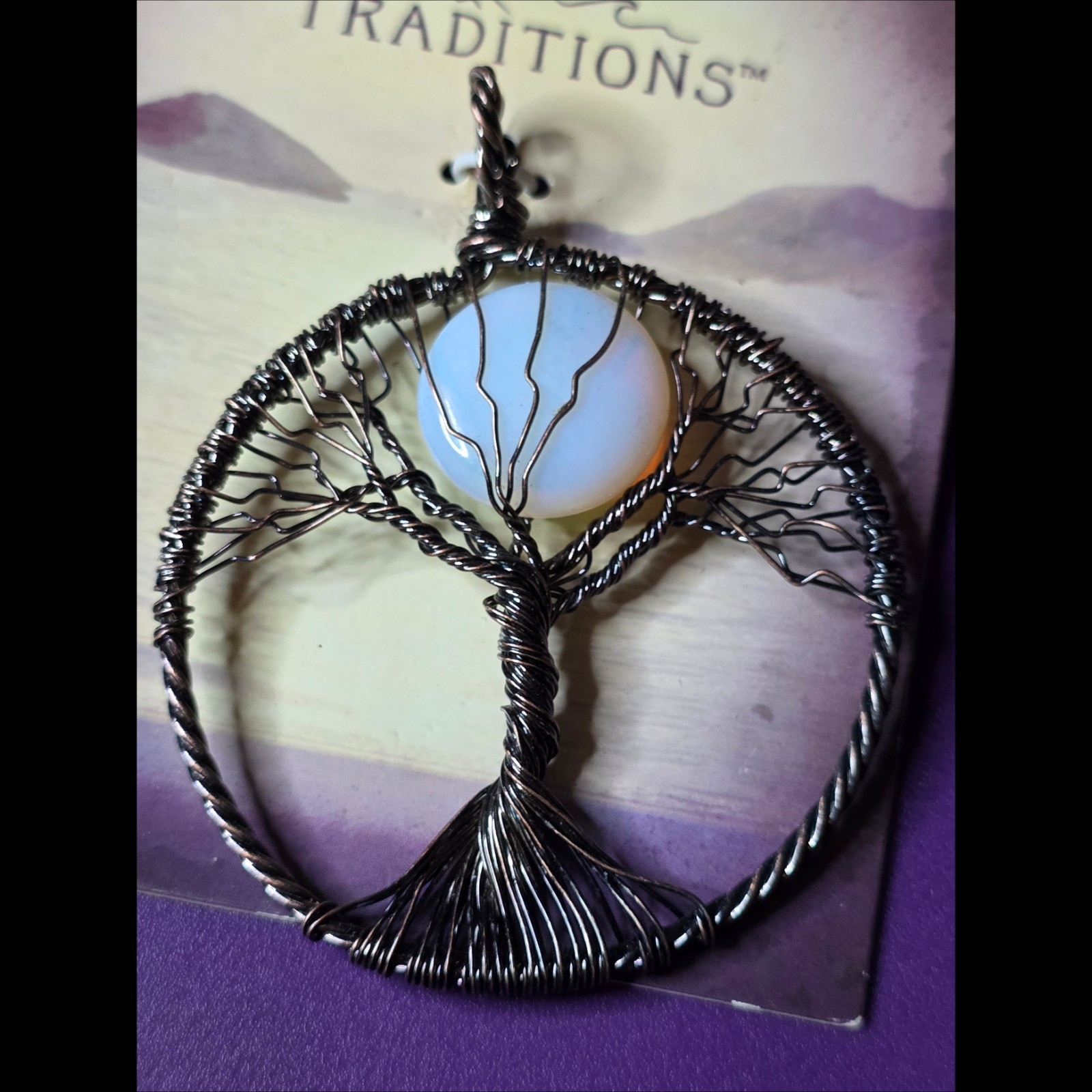 Traditions Tree of Life Wire Pendant Round Glass Moon Nature Theme Black