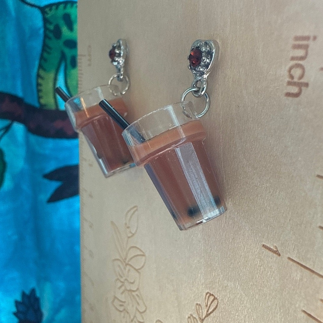 Boba Milk Tea Dangle Earrings Brown Sugar Bubble Tea Rhinestone Heart Studs