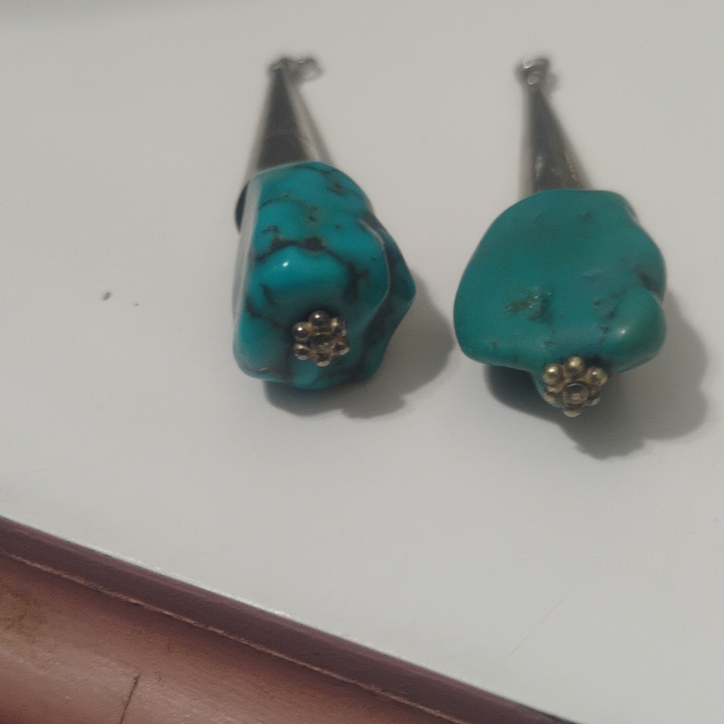 Silver Tone Cone Dangle/Drop Earrings Blue Turquoise Nugget Stone
