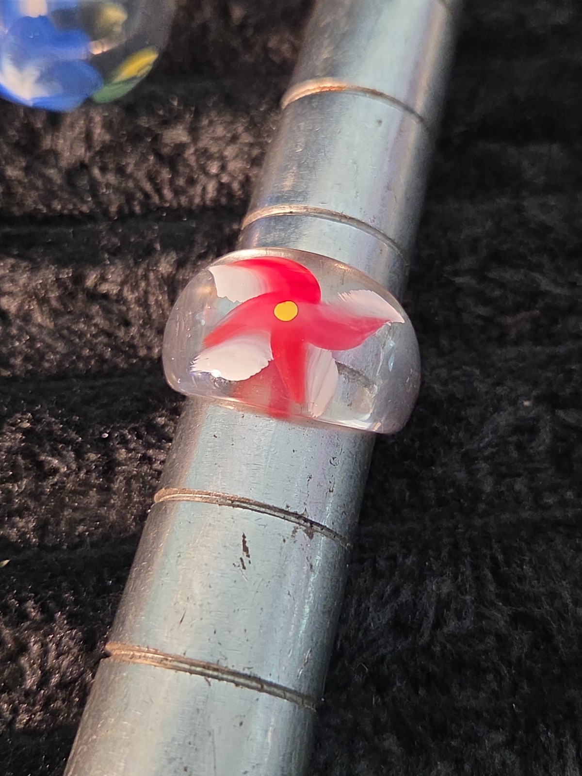 5 Plastic Resin Rings Multicolor Flower Ring Clear Band Handmade Painted Size 10