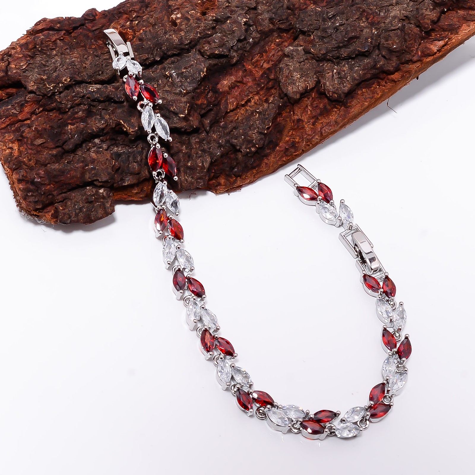 Red Garnet, White Topaz 925 Sterling Silver Adjustable Bracelet 7-8″ B141374