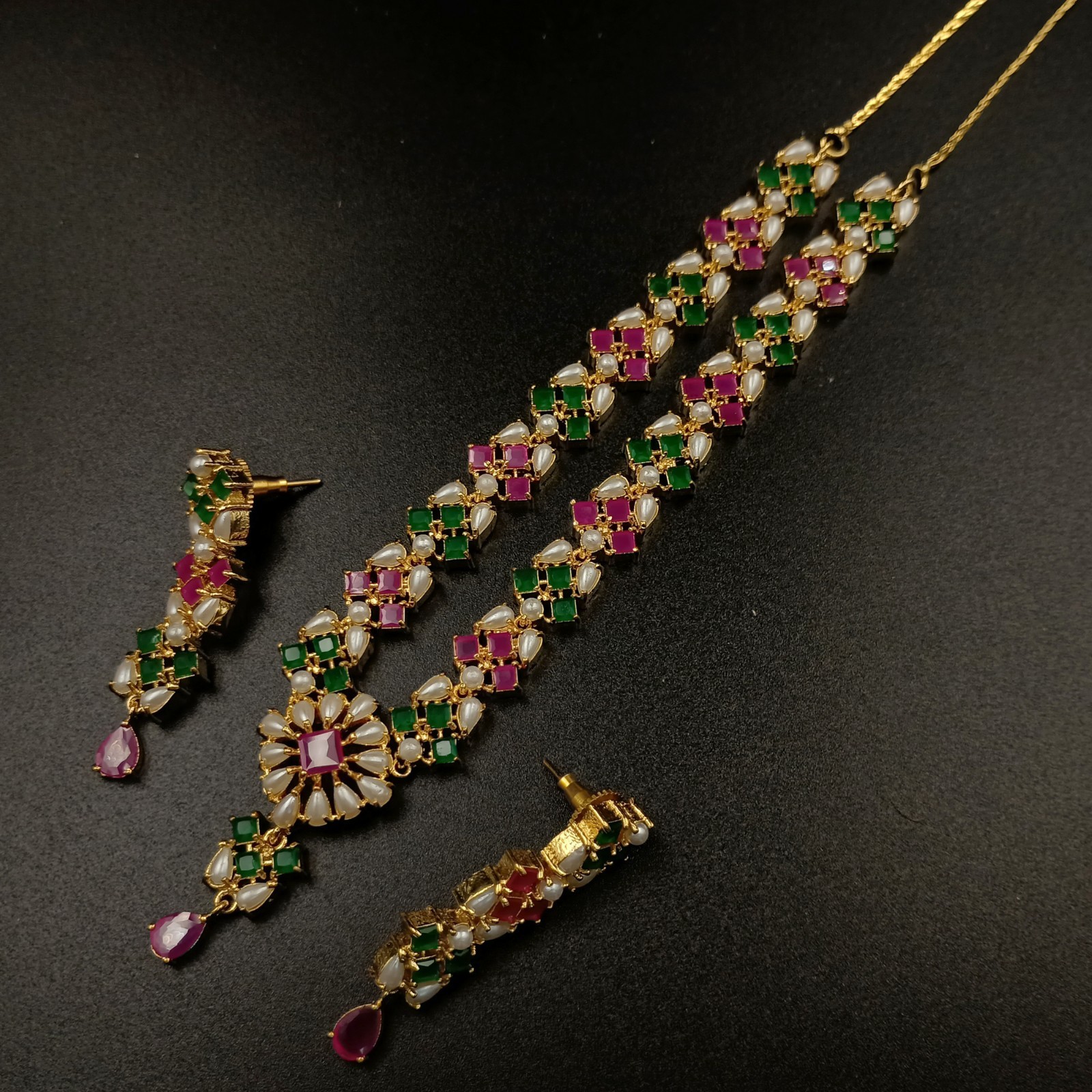 Bollywood Style Ruby Emerald Pearl 22K Gold Plated Jewelry Necklace Earrings Set