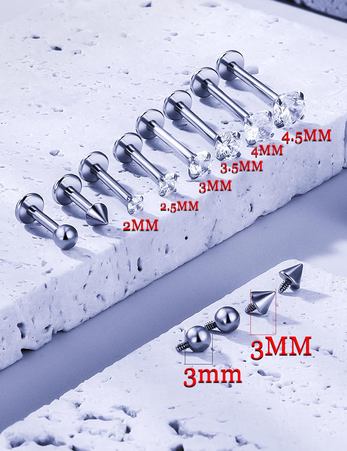 Msndnkwo Medusa 6mm, 8mm, 10mm, 12mm, Silver 16G Studs Piercing Jewelry