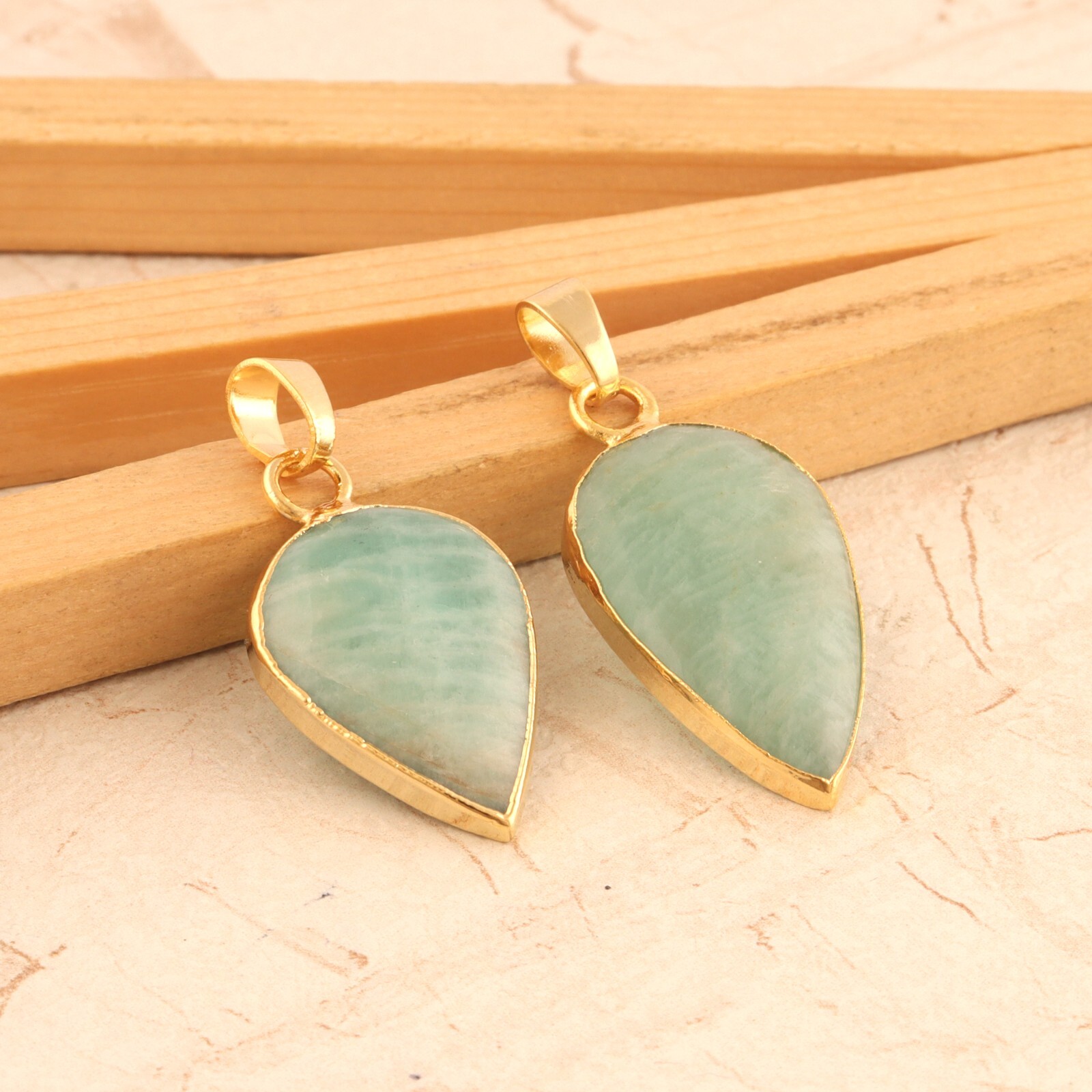Pear Shaped Charm Amazonite Yellow Gold Plated DIY Necklace Pendants 2 Pcs Lot