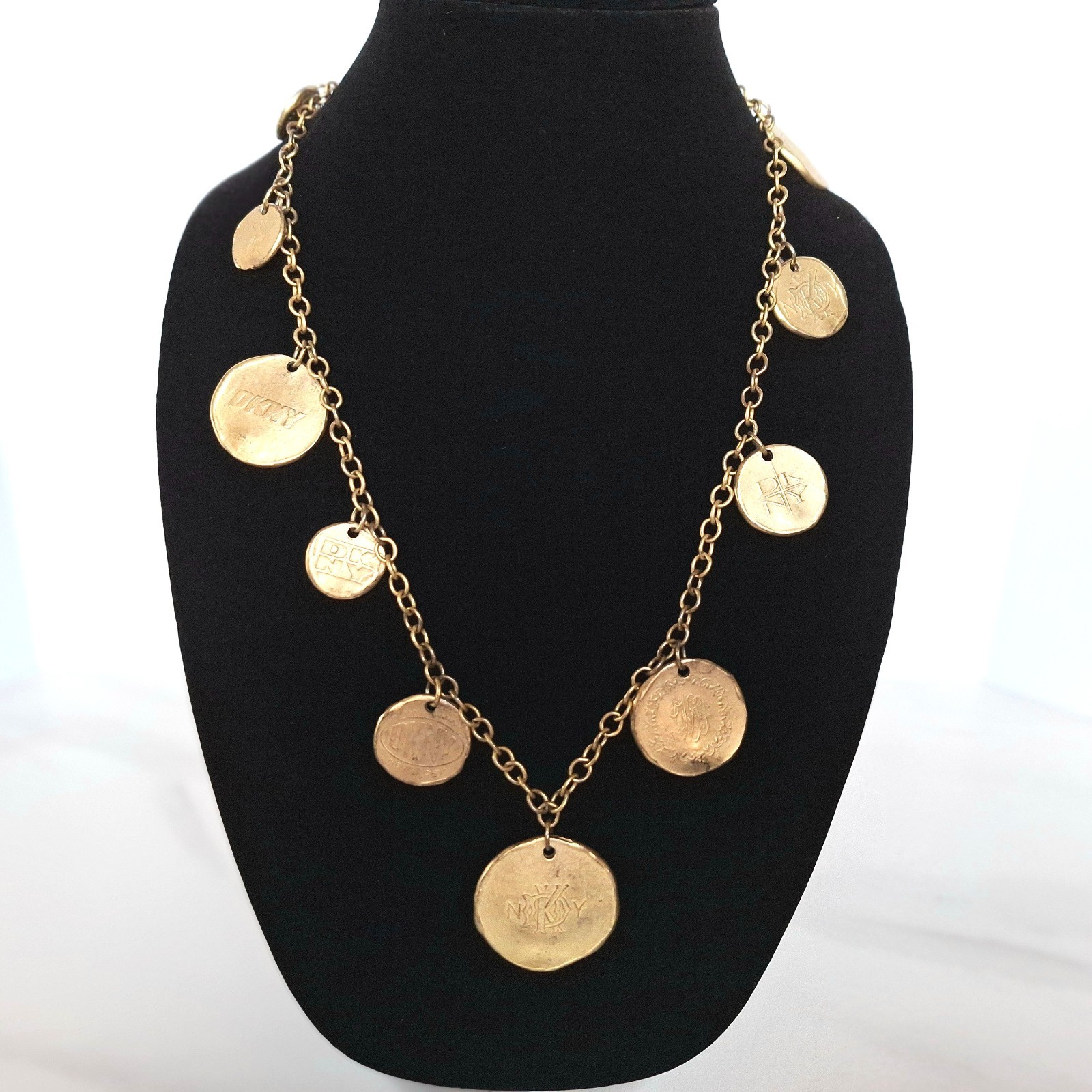 VINTAGE 1993 DKNY STATEMENT NECKLACE DONNA KARAN DESIGNER GOLD MEDALLIONS 32 IN