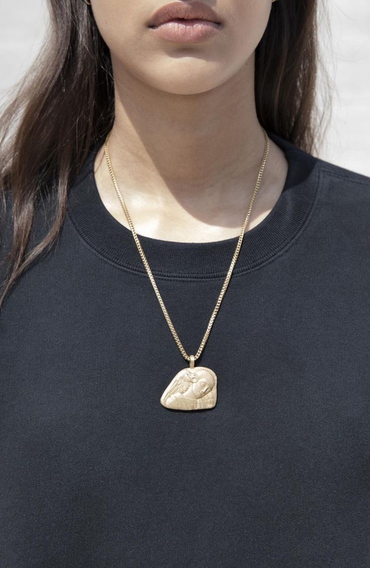 Gold Tone Religious Pendant Chain Necklace Round Textured Metal Yeezy Season