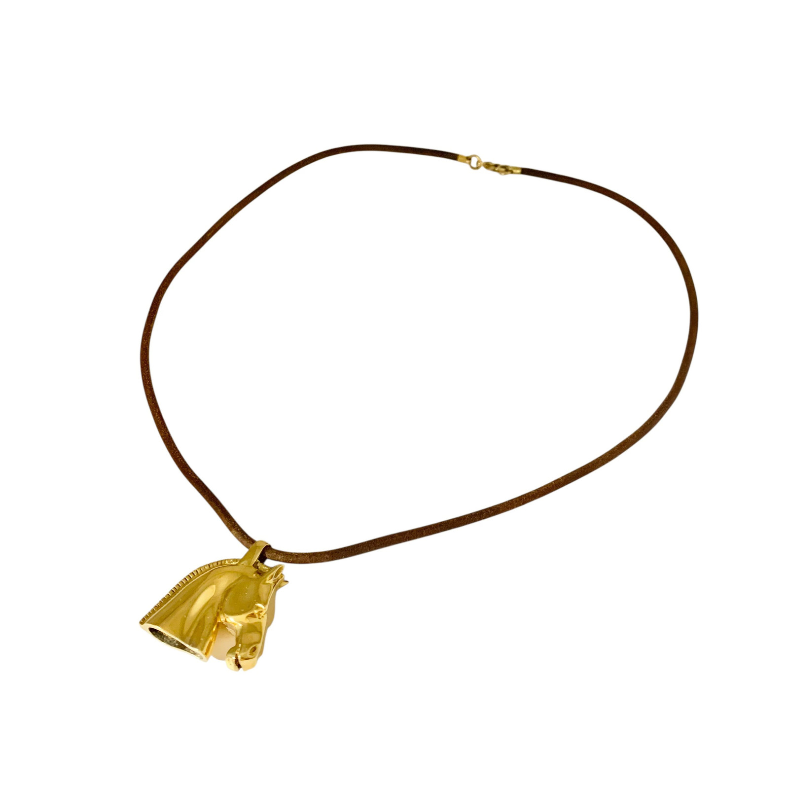 Hermes Necklace Cheval Horse Head Leather Brown Tea Gold Logo Motif With Box Use