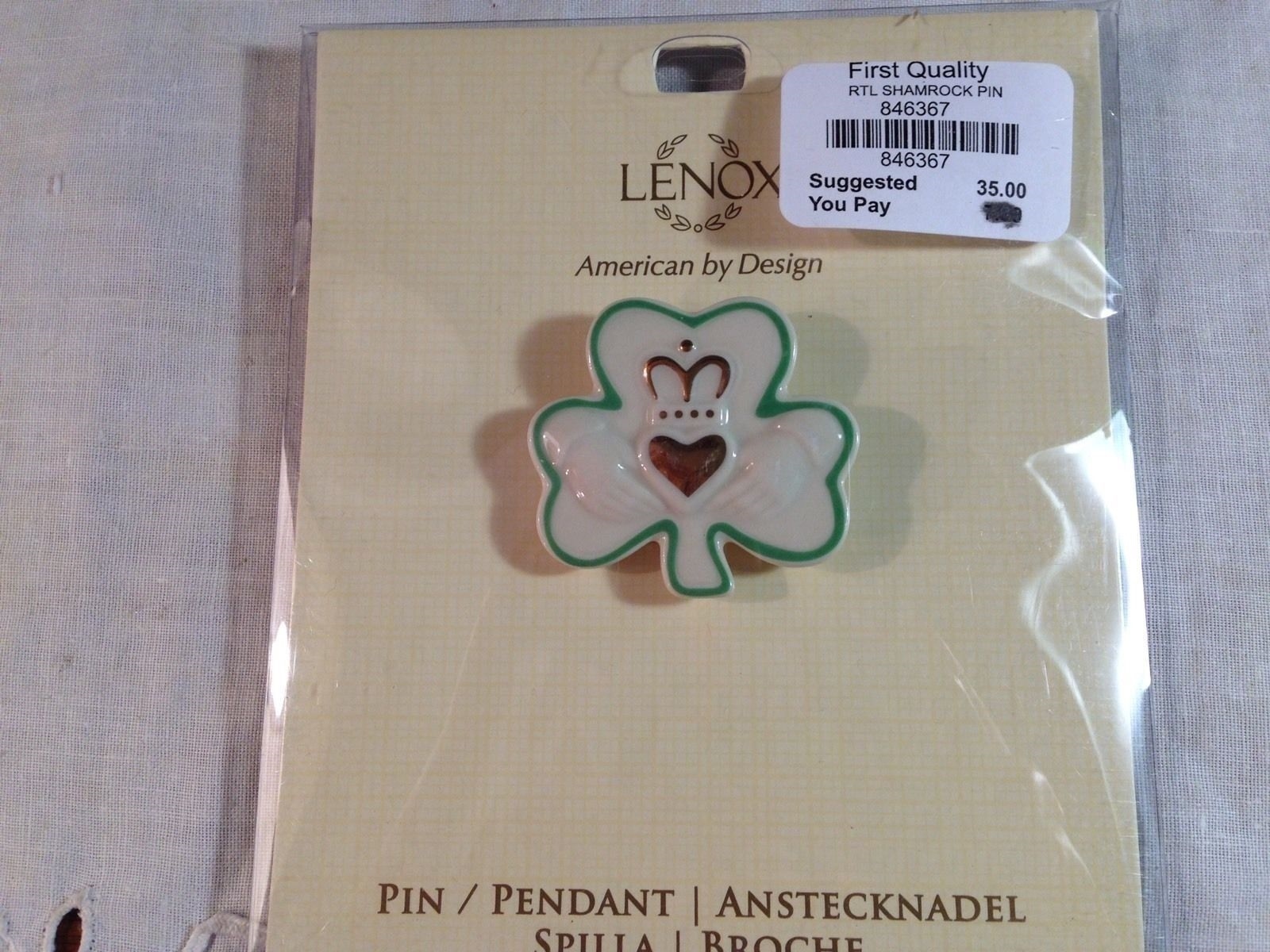 24K Gold Accents LENOX IRISH SHAMROCK PIN BROCHE / PENDANT NEW!