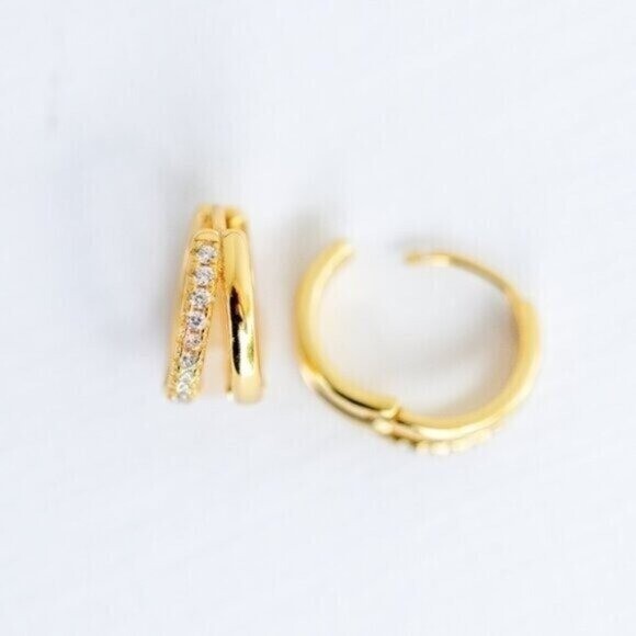 Everyday Huggie Earrings Double Huggies Gold CZ Pave Dainty Small Gold Hoops