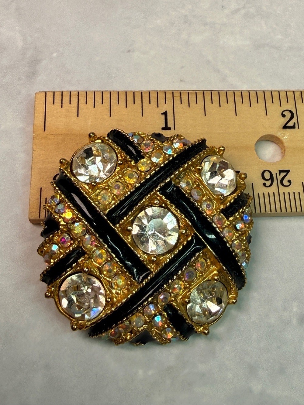 Vintage Basketweave Rhinestone and Enamel Brooch