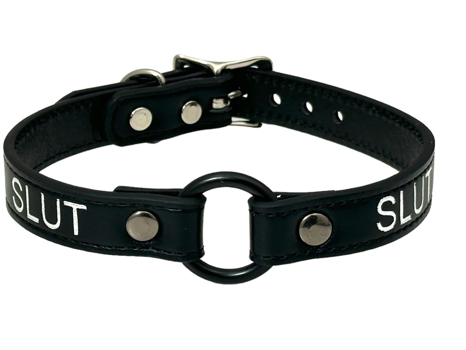 Name BLACK Ring Choker BDSM Collar Vegan Leather Necklace O Ring Fetish