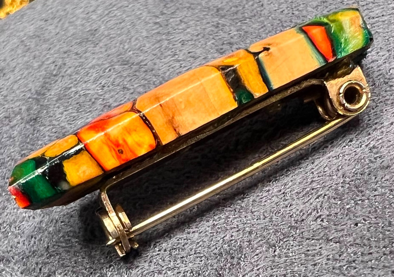 Vintage Handmade Mosaic Bar Brooch Resin Coated Abstract Art Pin Colourful Retro