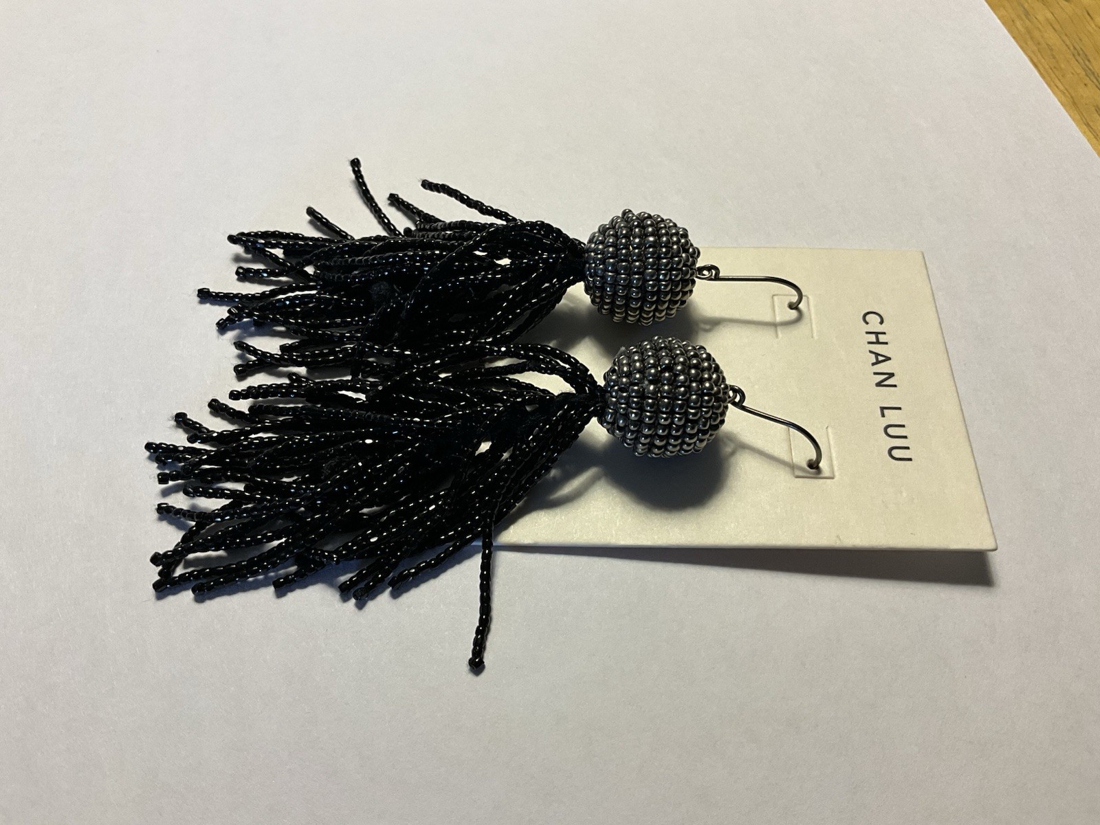 Chan Luu Black Beaded Tassel Earrings, New on Card + Branded Pouch Handcrafted