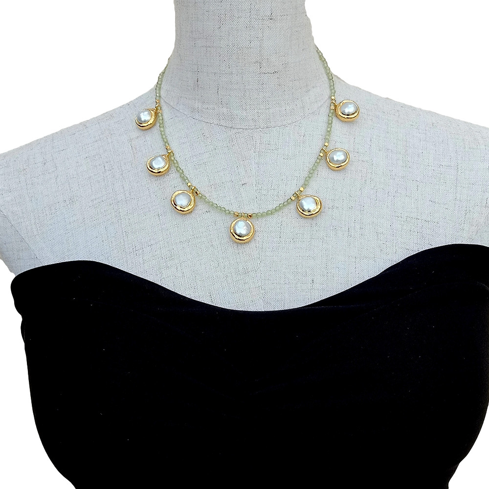 Natural Green Peridot Choker Necklace Cultured White Pearl Charm 17″