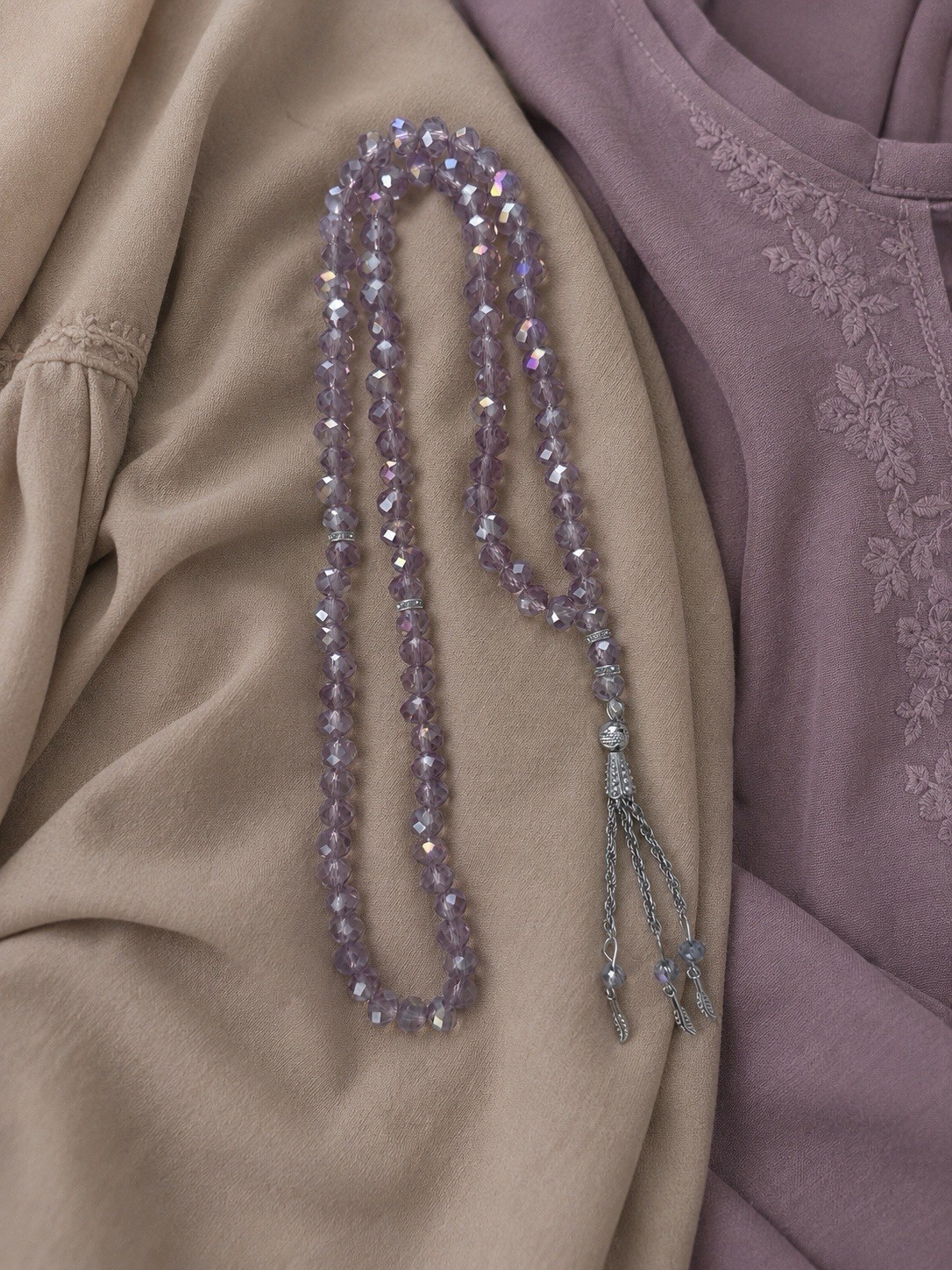 Purple Amethyst & Crystal Beaded Strand Necklace w/ Tassel, Silver Tone
