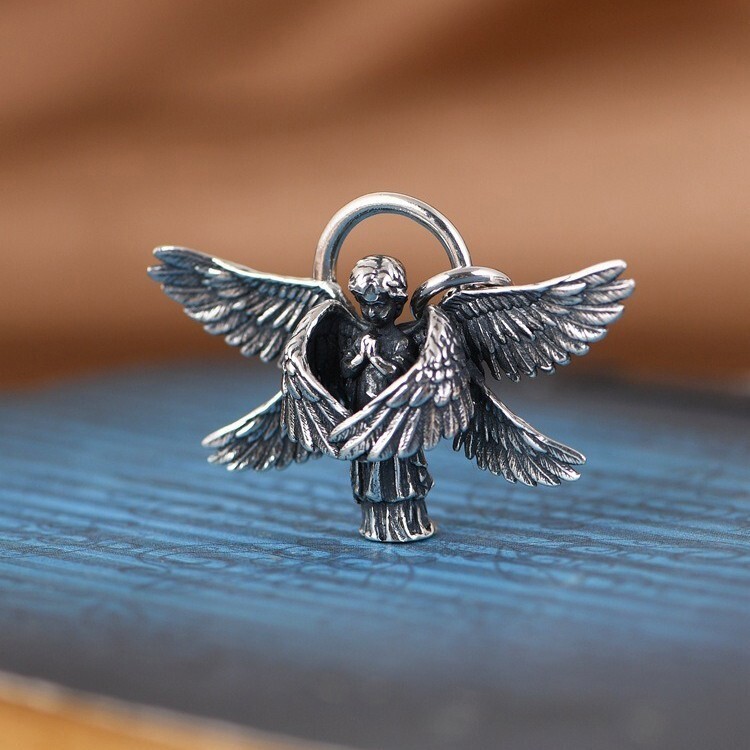 Seraphim Praying Angel 6 Wings Necklace Pendant Retro Charm 925 Sterling Silver