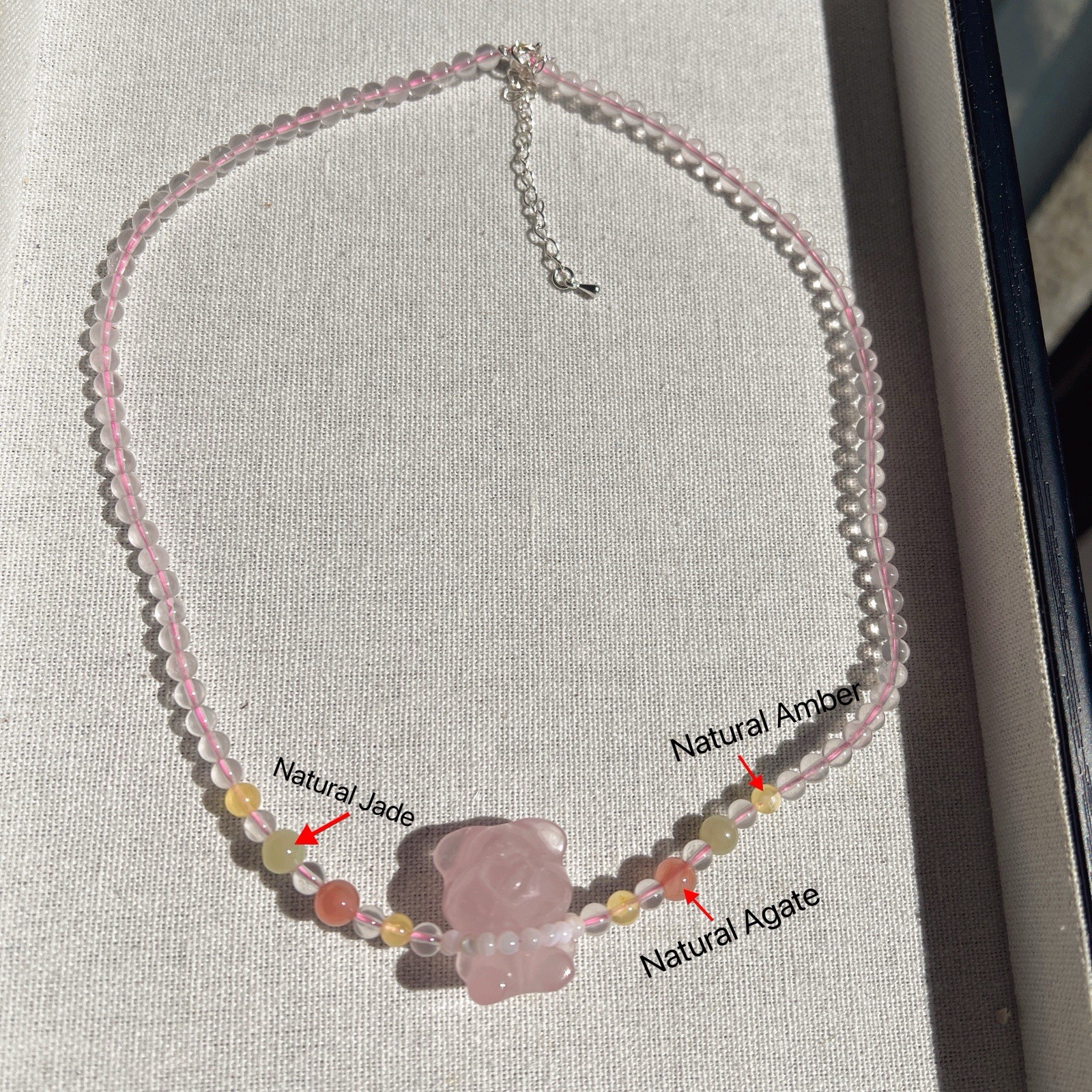 Good Quality Natural Rose Quartz Crystal Beaded Necklace With Bear Pendant