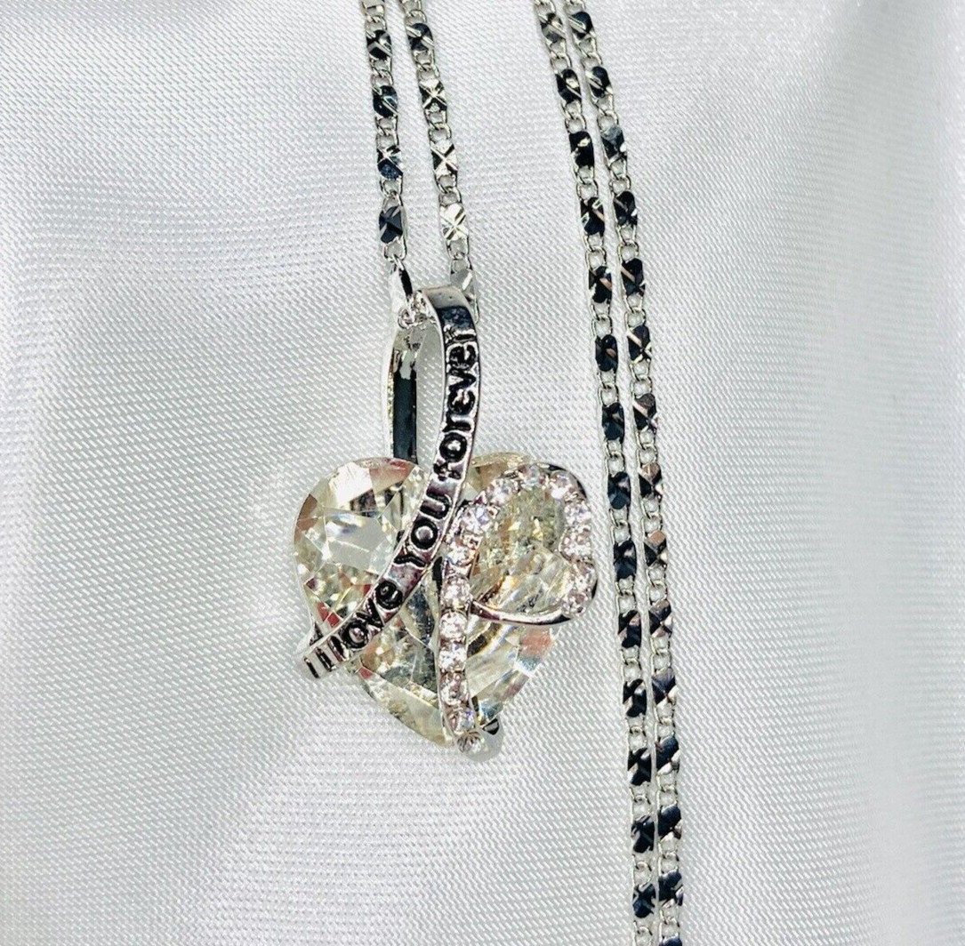 14k White Gold Plated Heart “I Love You Forever” Pendant Huge Whit Cz &Chain 20″