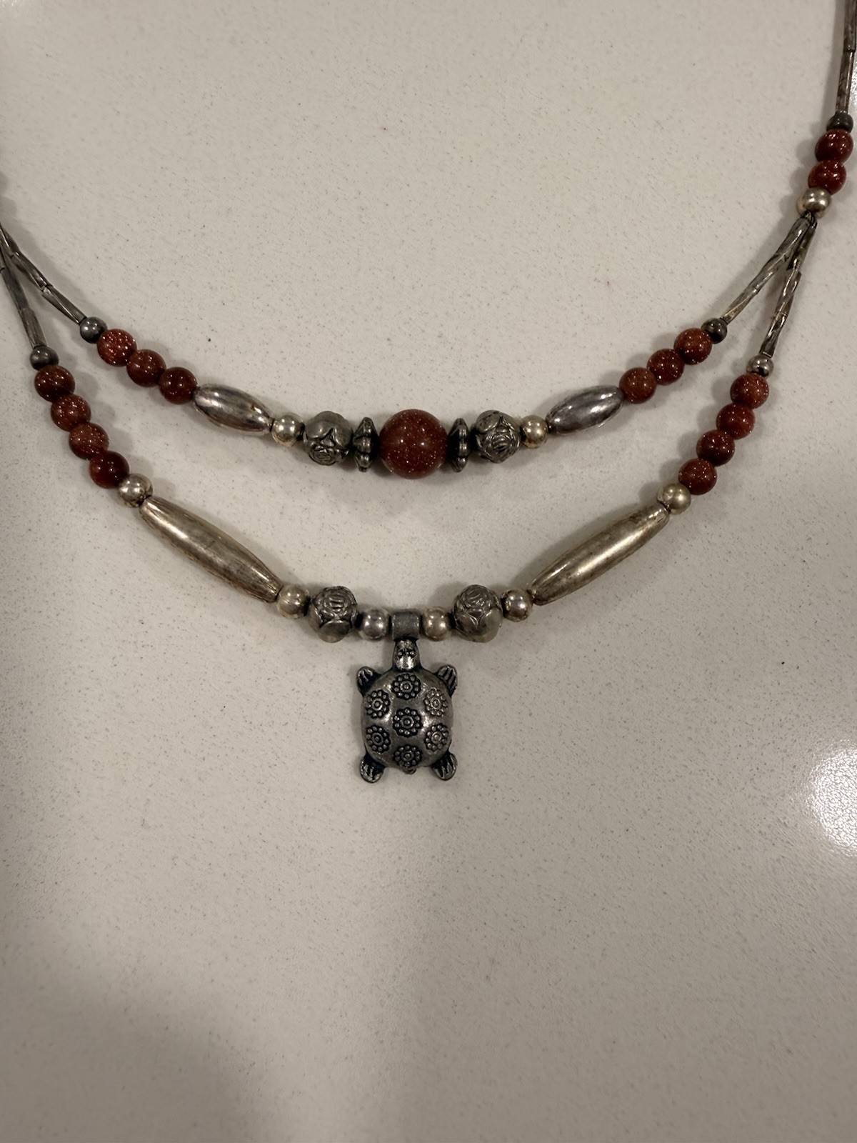 2 Handmade Mexican Multistrand Beaded Pendant Necklaces Silver Tone