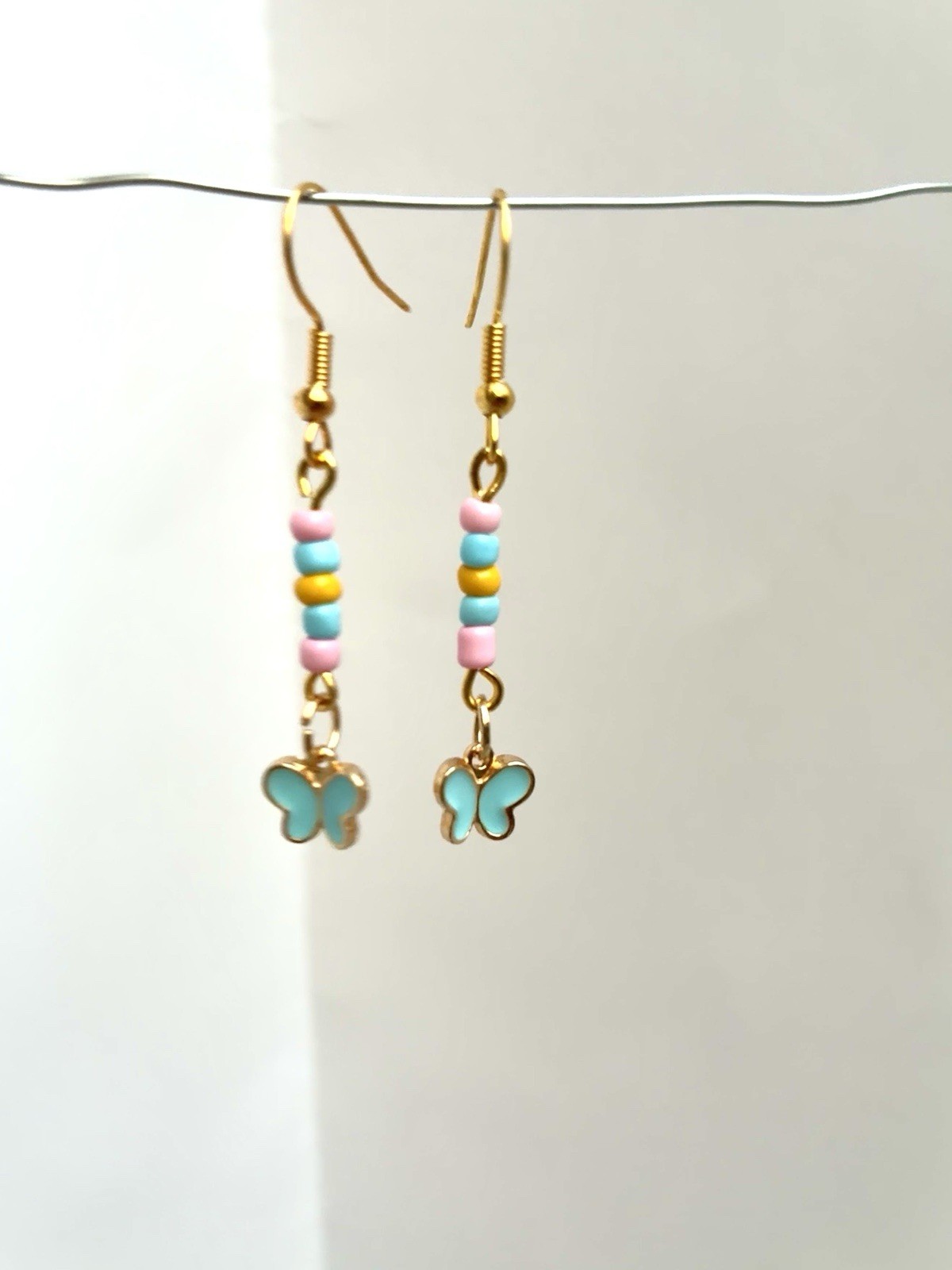 Gold Tone Multicolor Beaded Butterfly Dangle/Drop Hook Earrings