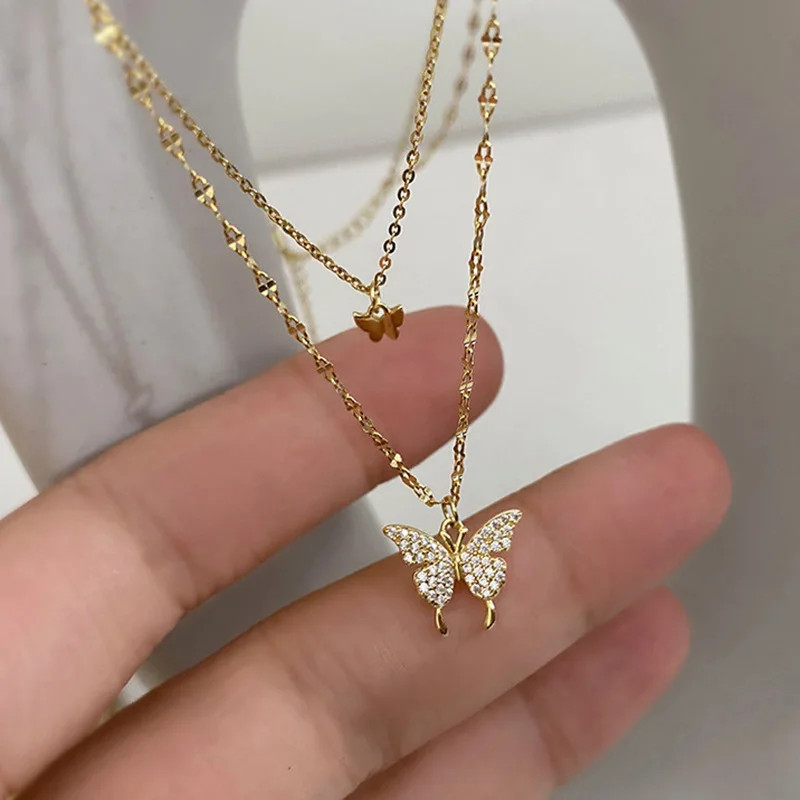 New Shiny Silver Colour Butterfly Necklace Ladies Exquisite Double Layer Clavicl