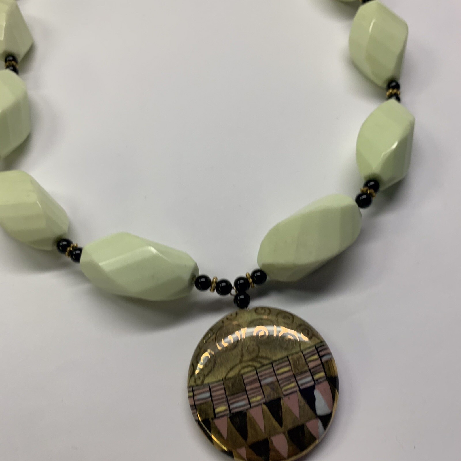 Beautiful Light Green Beaded Costume Jewelry Necklace With Hand Painted Pendant