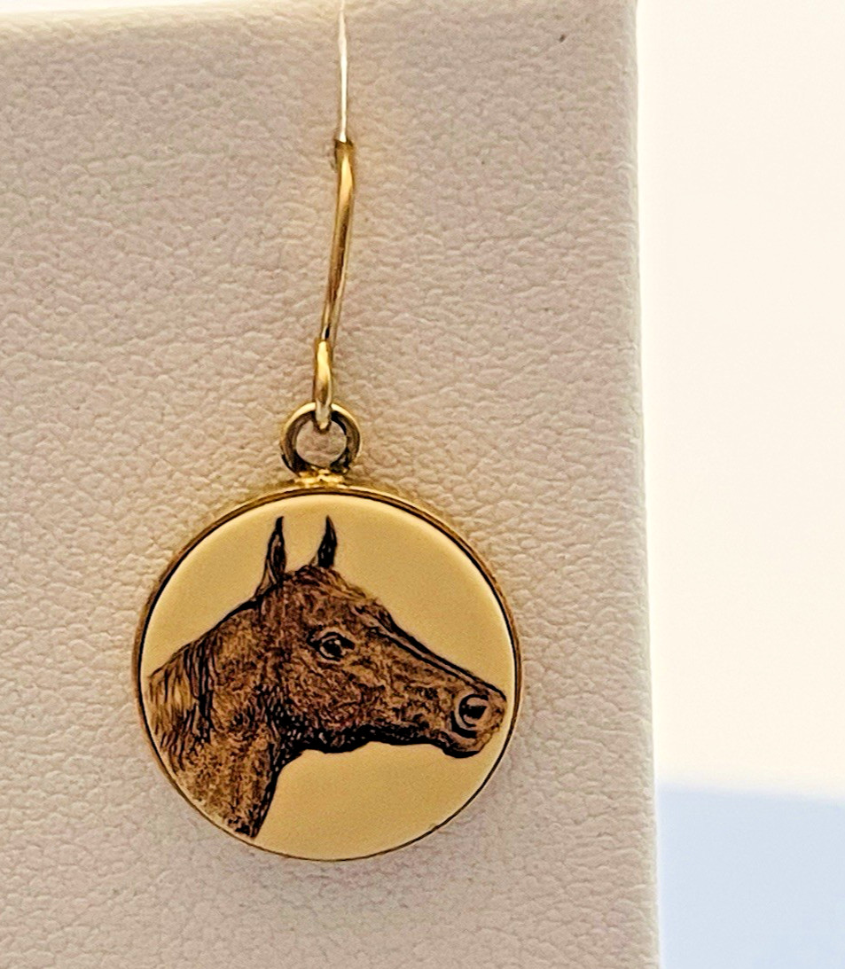 Barlow Scrimshaw Style Horse Earrings Goldtone Dangle Wires approx 1″ Drop