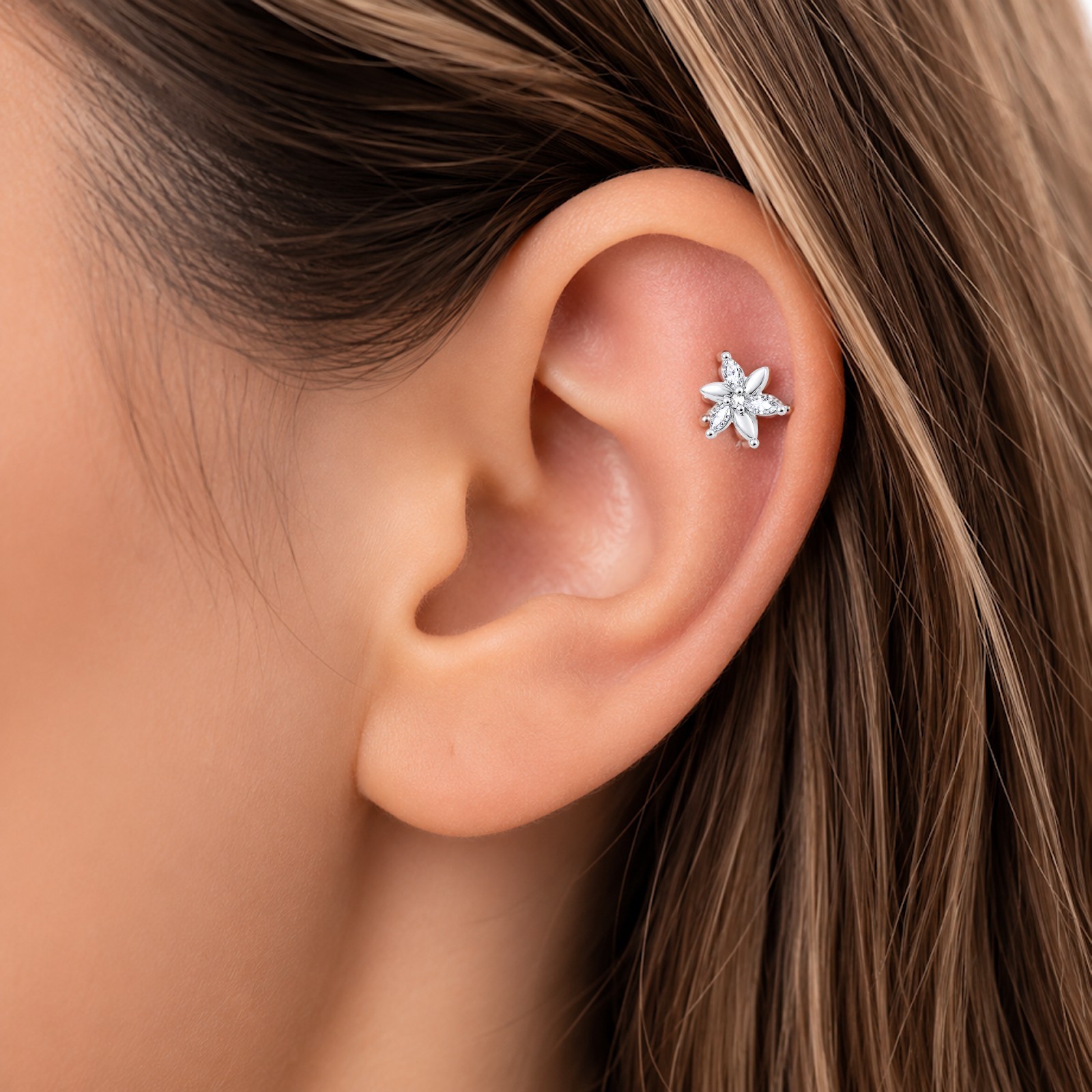 316L Surgical Steel Swirl Flower Ball Back Cartilage Stud Helix Tragus Earring