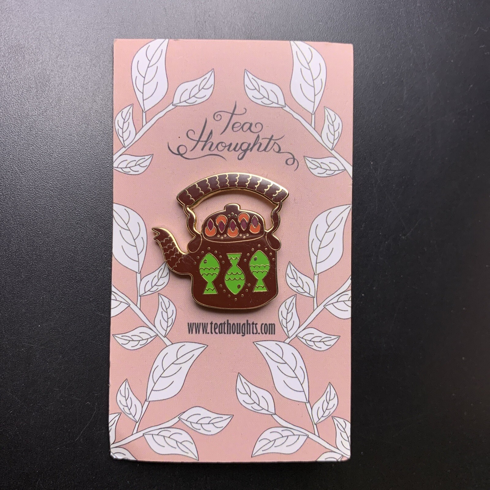 Tea Thoughts Pin Lapel Enamel Brown Green Fish Gold Tone Teapot Kettle