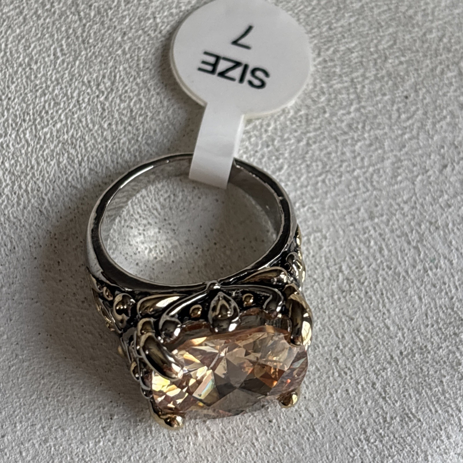 Inspirational Champagne Cushion Cut CZ Crystal Silver Gold Balinese Ring Size 7