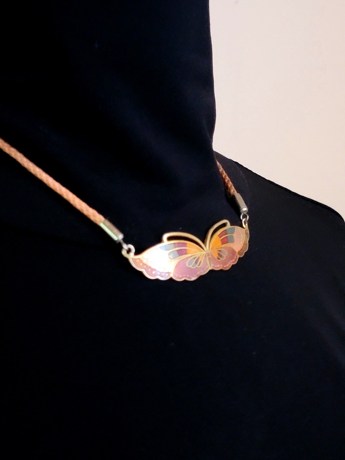 Cloisonne Enamal Multi Color Butterfly 1970/80s Corded Necklace