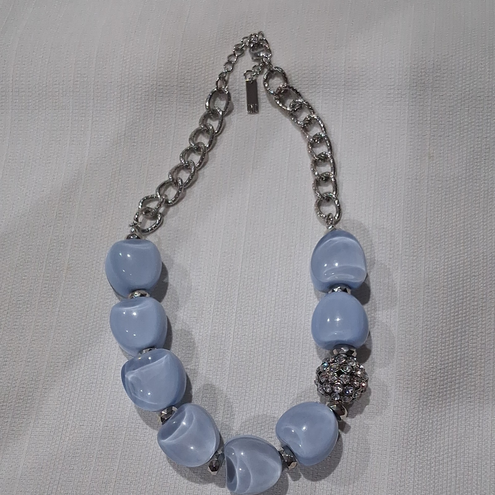 J.Crew Blue Glass Bead Necklace Silver Tone Cable Chain Pavé Adjustable Lobster