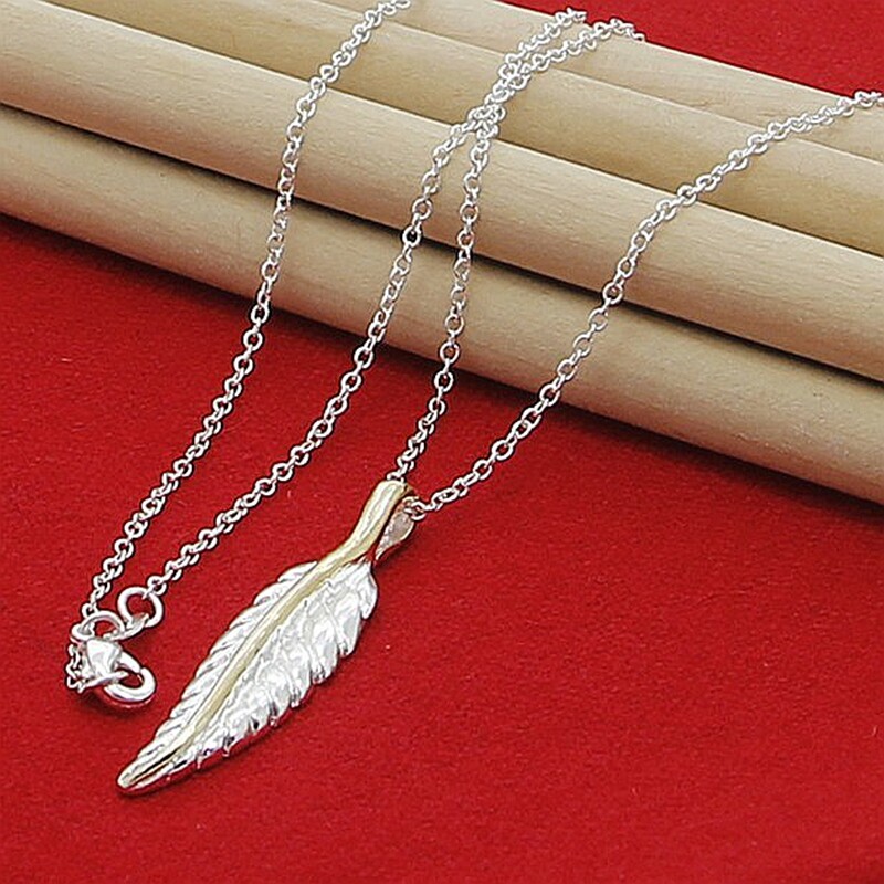 Stylish Fashion 925 Sterling Silver Leaves Feather Pendant Necklace Chain