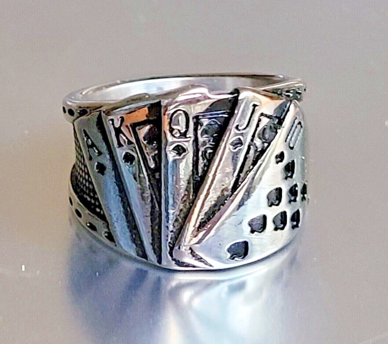 Stainless Steel Royal Straight Flush Ring Silver Finish Biker Lucky Poker Ring
