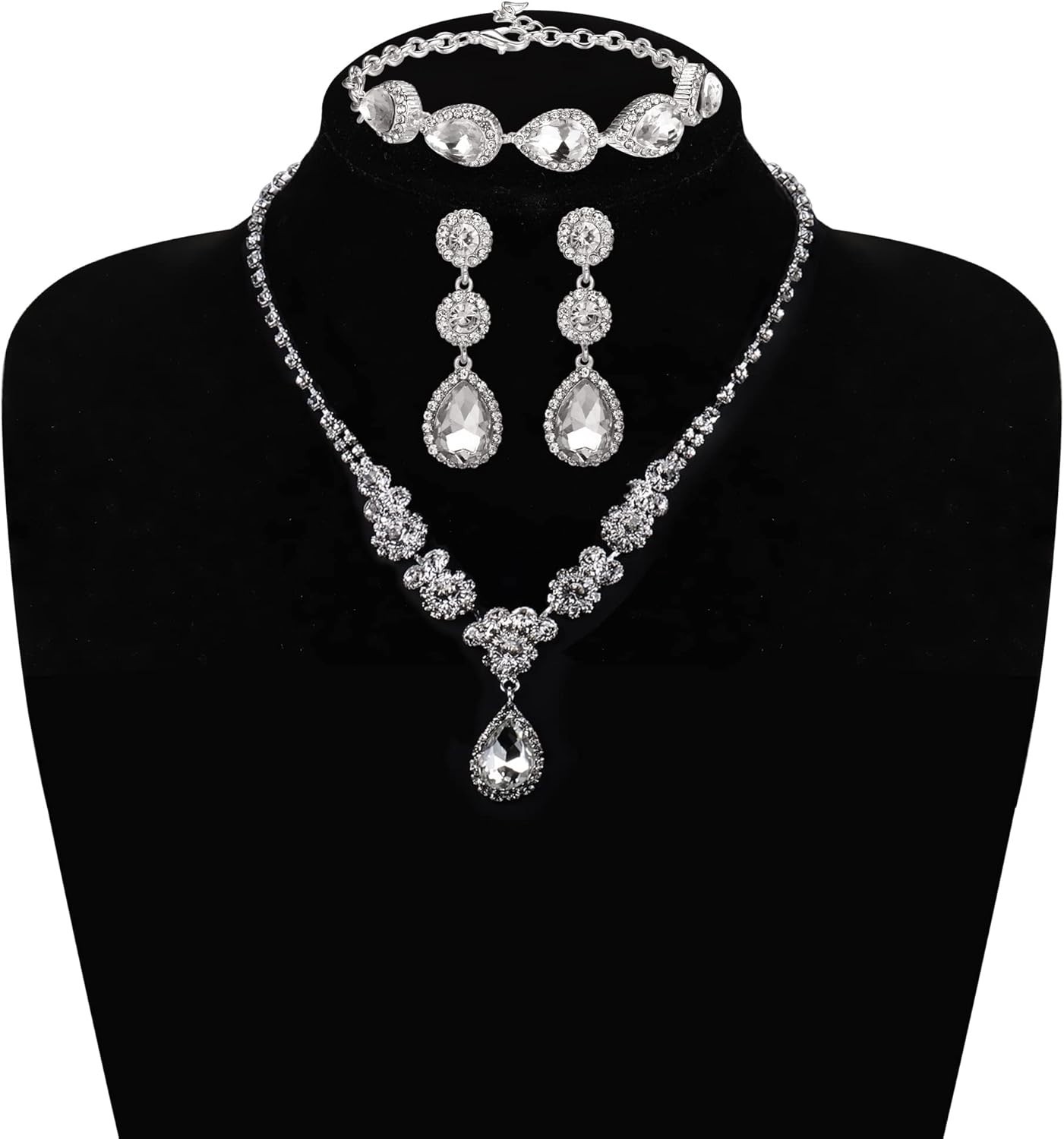 Rhinestone Bridal Jewelry Set Necklace Bracelet Clip On Earrings for Brides B…