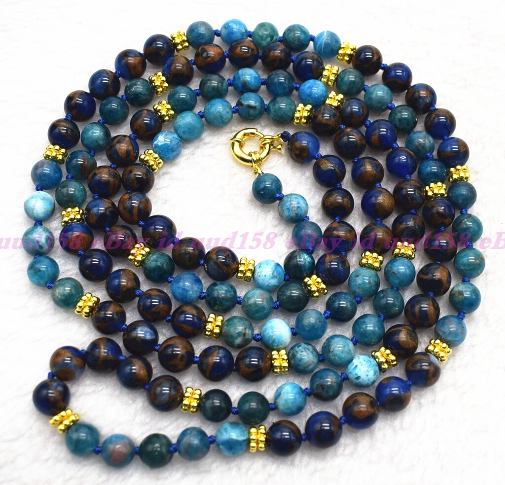 Natural 8mm Blue Gems in Pyrite & Apatite Round Gemstone Beads Necklace 16-50″