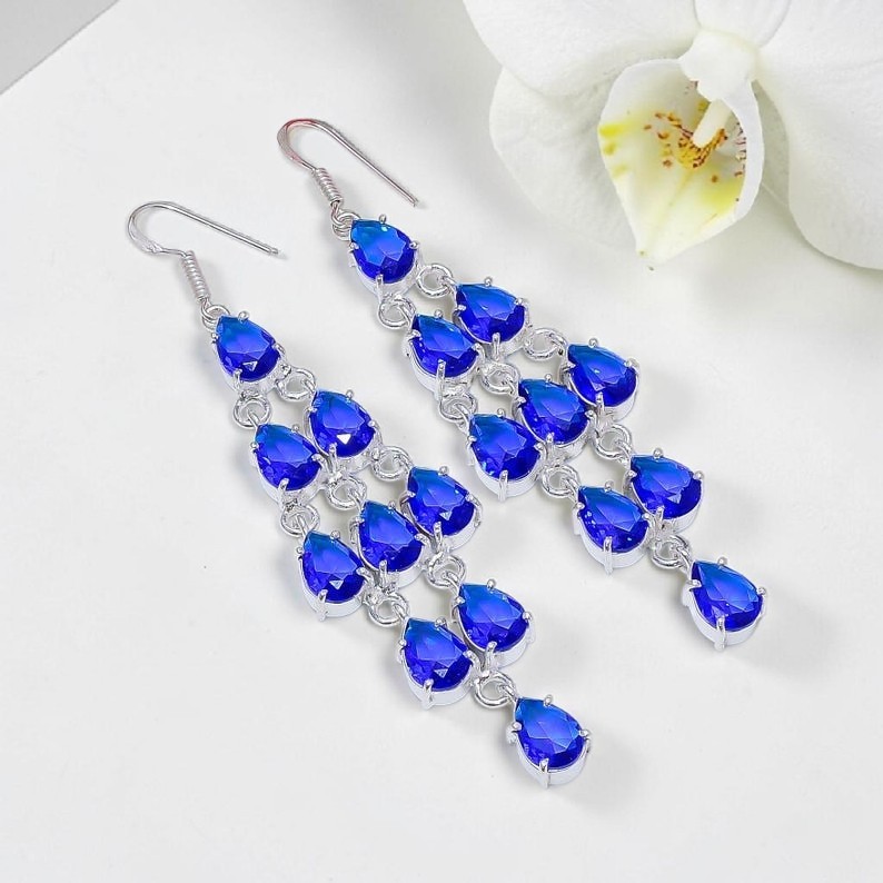 Sterling Silver Tanzanite Chandelier Earrings Faceted Pear Drop Electric Blue
