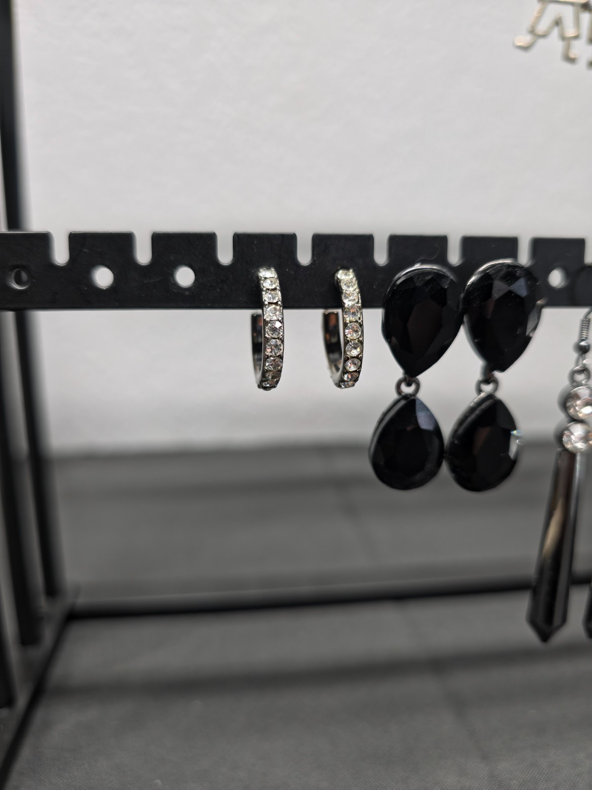 Lot of 4 Gunmetal Black Tone Hoop Dangle Earrings Rhinestone Goth Grunge Punk