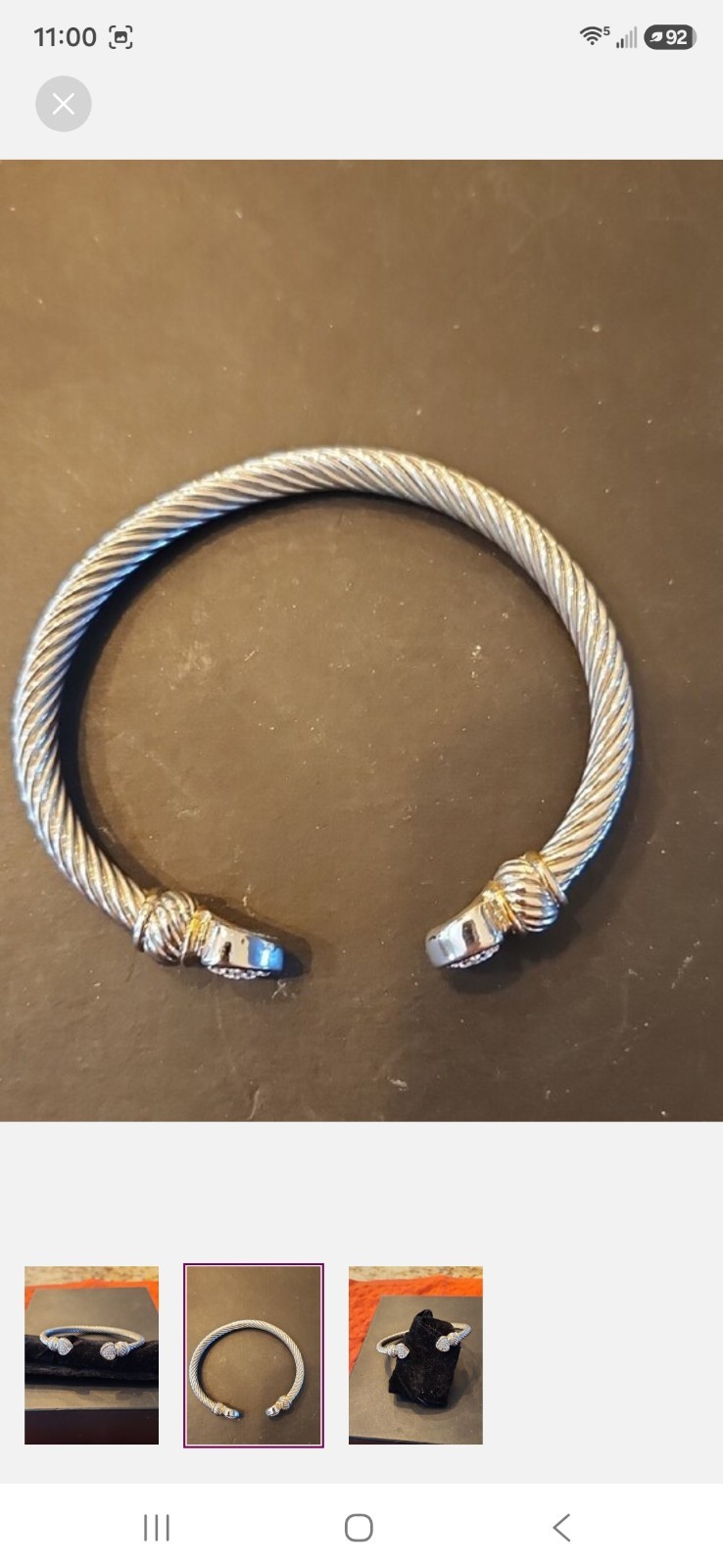 0034 Silver Tone Cable Cuff Bracelet Pavé Clear Crystal Heart Ends Stackable