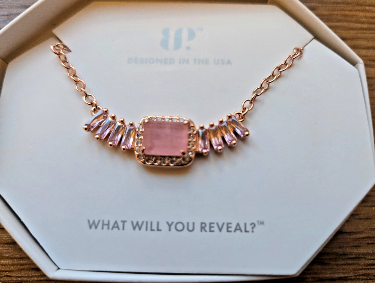 Bomb Party NK56687 “Pale Dreams On The Horizon” Rose Quartz. Rose Gold Necklace