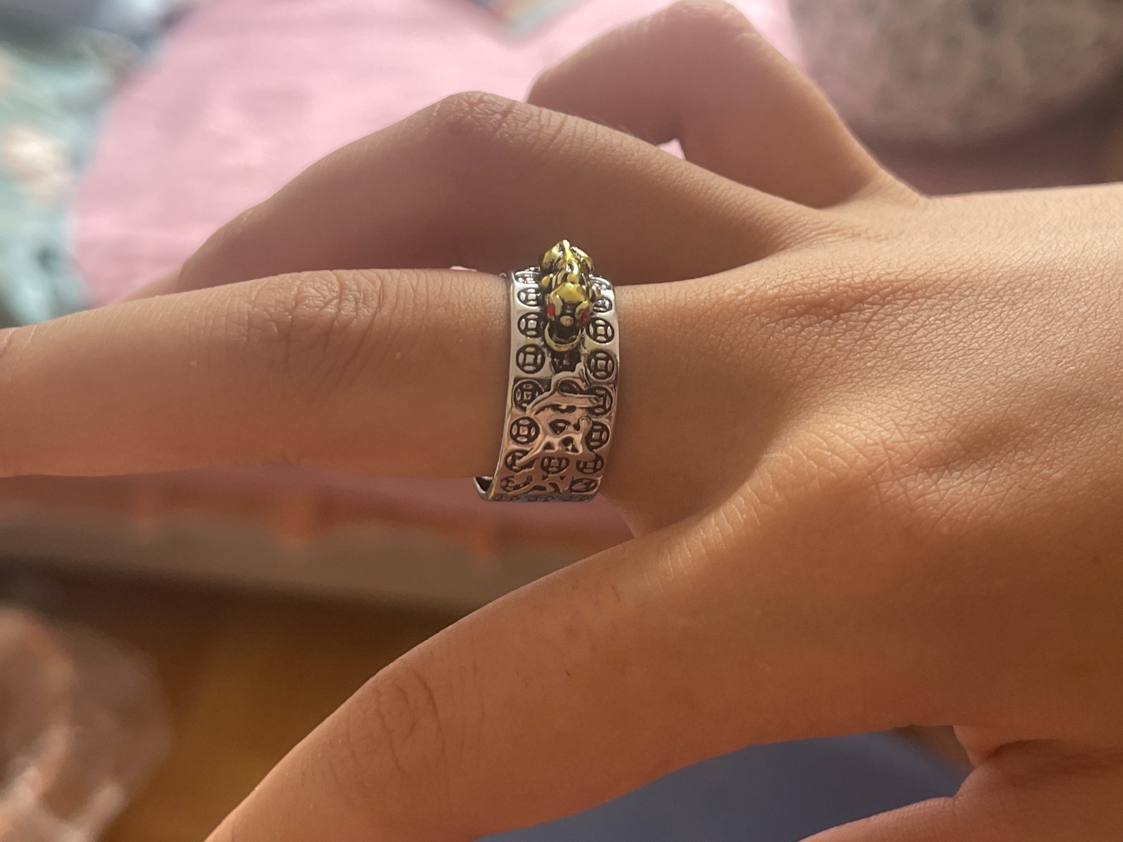 Feng Shui Pixiu Mantra Ring for Women & Men, Adjustable Size Buddhist Ring