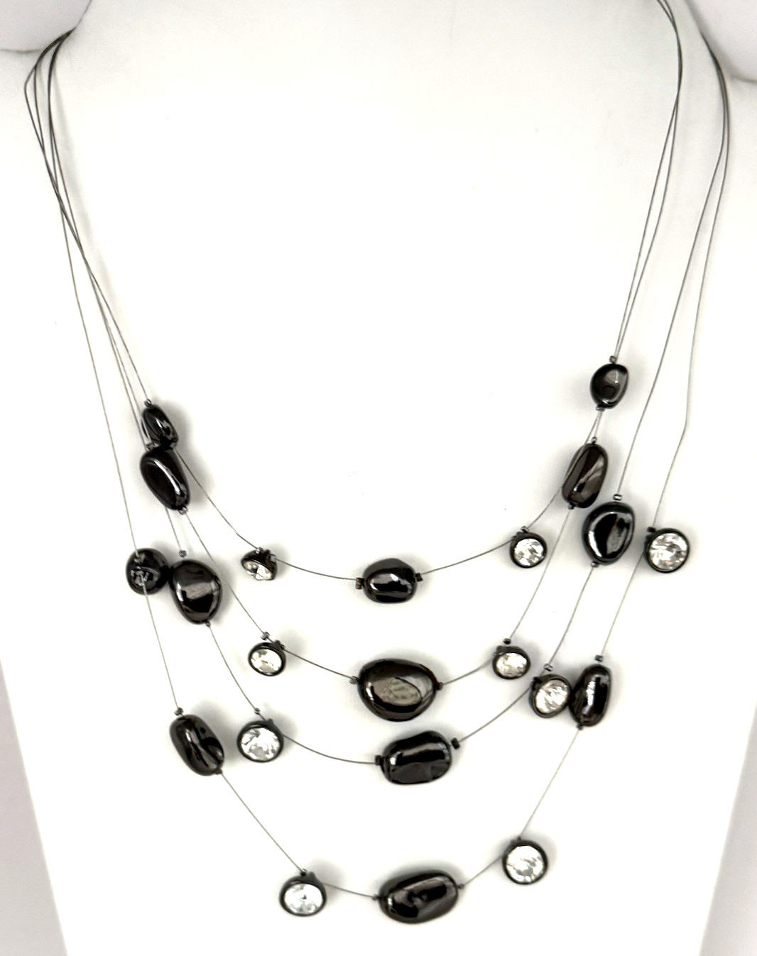Chico’s Gunmetal Silver Tone 21″ Short Beaded Crystal Floating/Illusion Necklace
