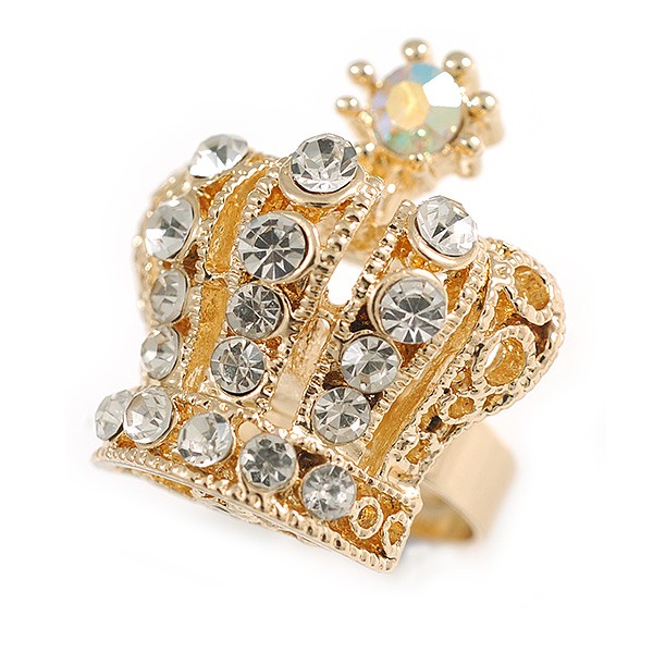 Clear Crystal Crown Cocktail Ring in Gold Tone – 30mm Tall – Size 7/8 Adjustable